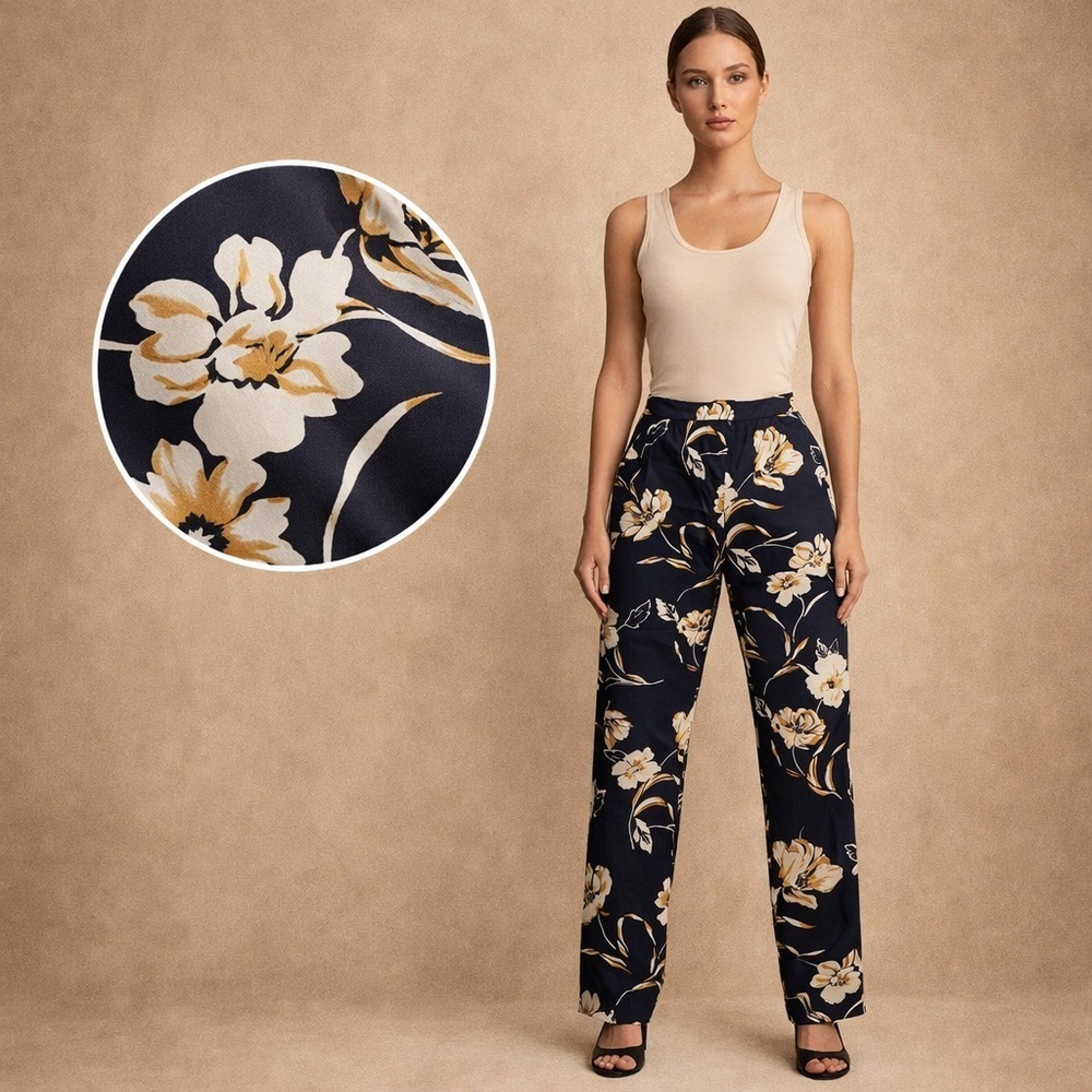 Forever 21 Contemporary Navy Floral Pants Relaxed Fit Summer Casual Chic L